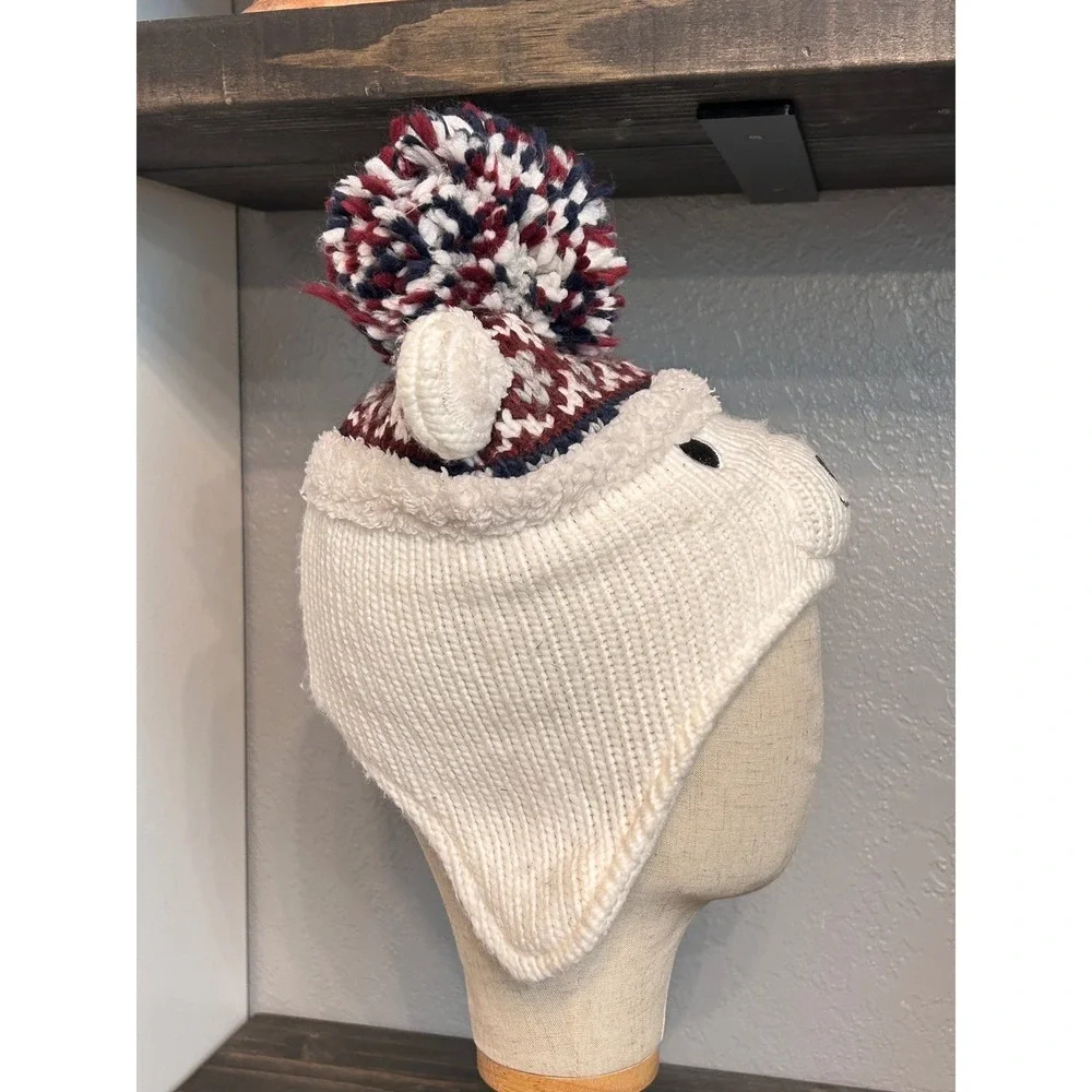 Polar Bear Knit Hat Beanie White Red Blue Pom Pom Winter Fall‎